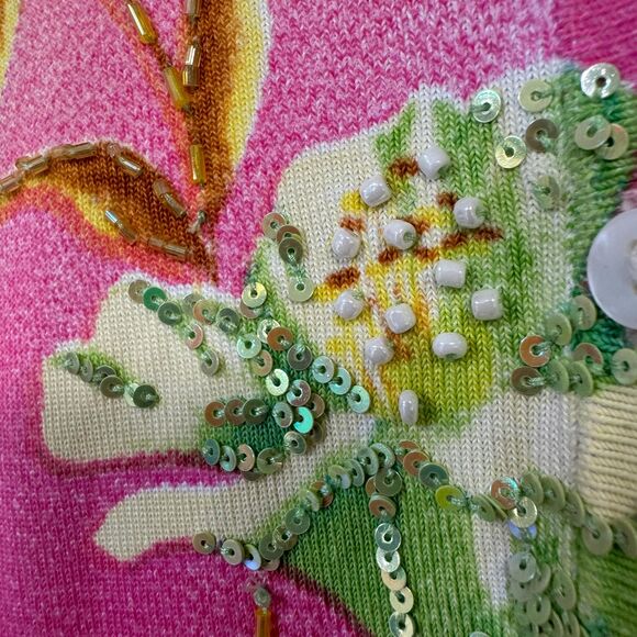 BCBG Cardigan Sweater Womens M Floral Beaded VNeck Pink White Spring Lightweight - Picture 4 of 6